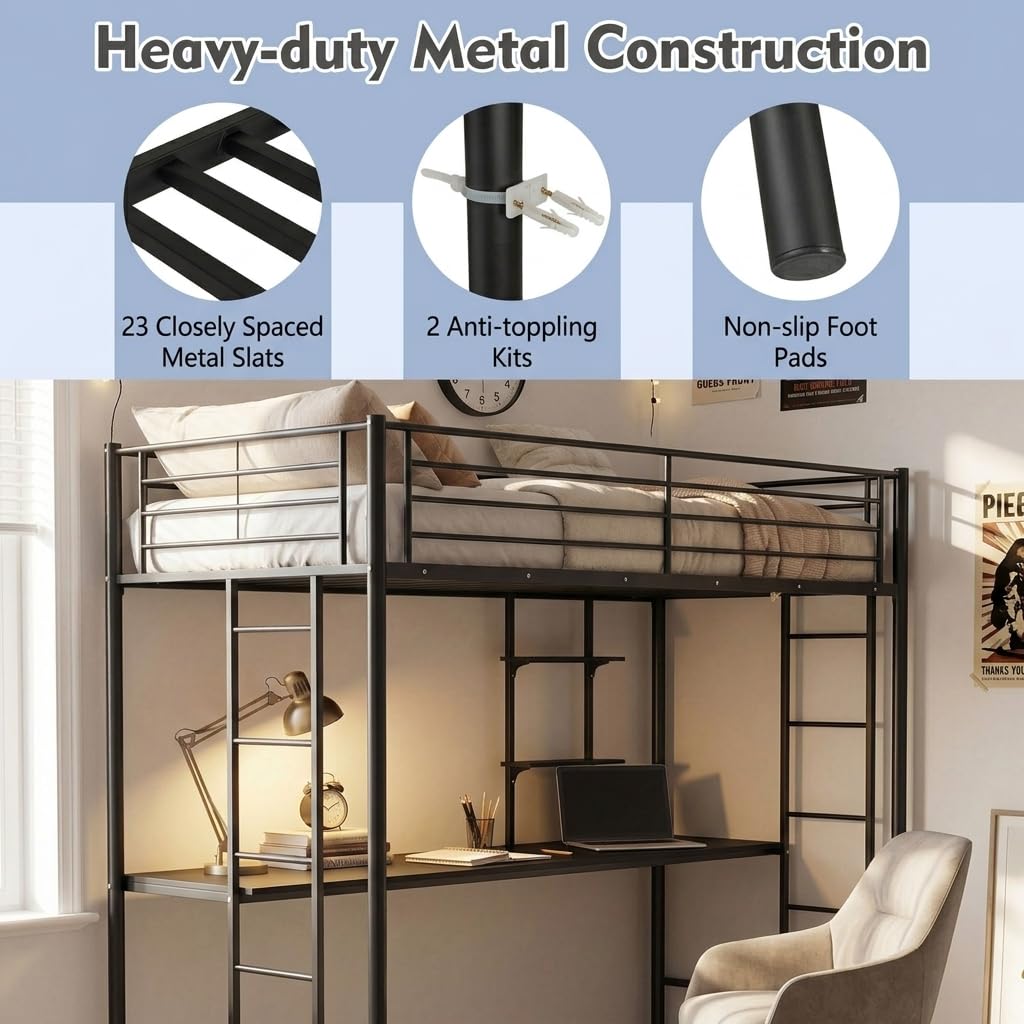 Metal Bunk Bed with Desk, Space-Saving High Sleeper Bed