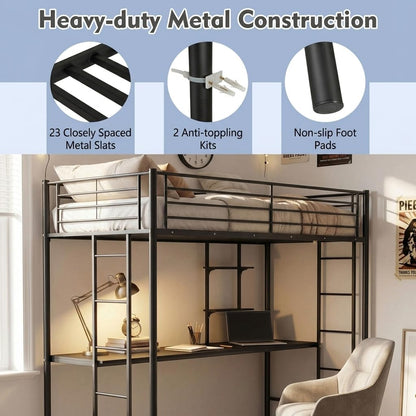 Metal Bunk Bed with Desk, Space-Saving High Sleeper Bed