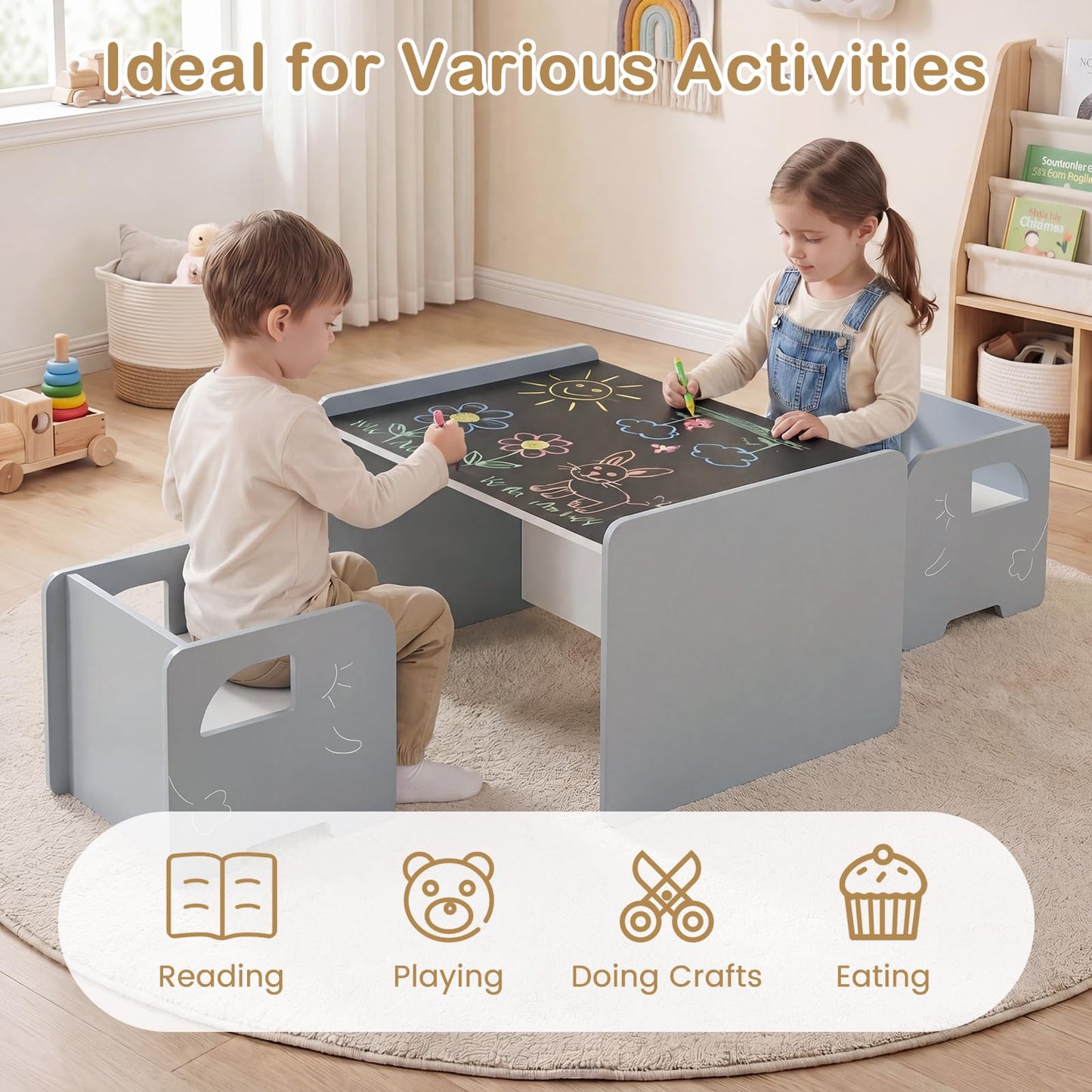 3 Pieces Kids Table and Chair Set with Chalkboard for Home