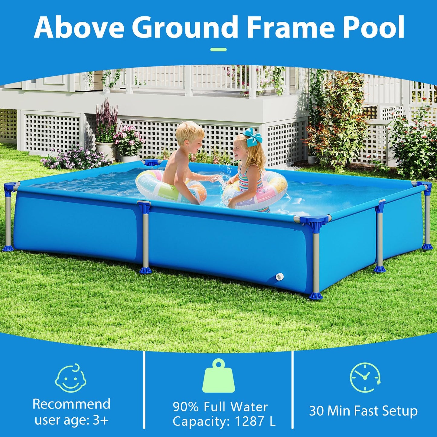 Above Ground Swimming Pool Outdoor Rectangular Pool for Kids above 3 with Metal Frame