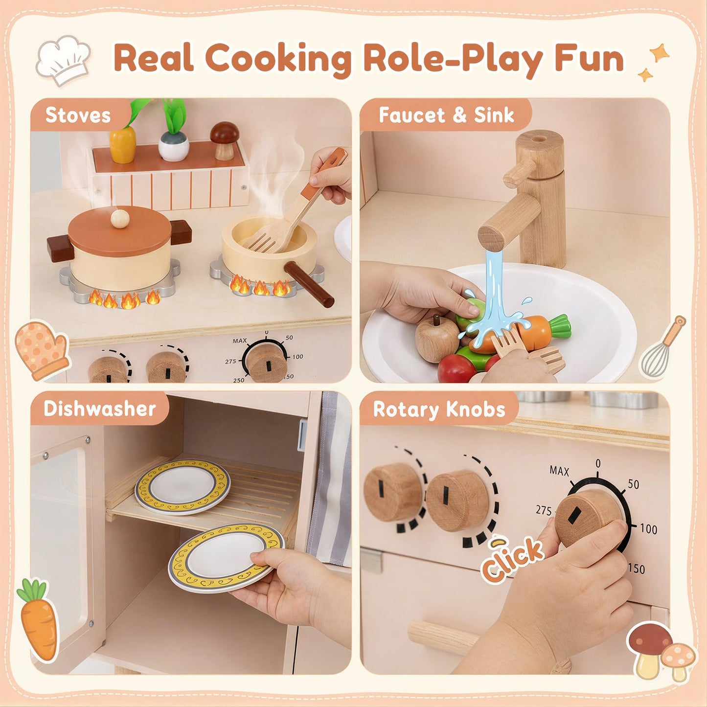 Kids Play Kitchen, Wooden Toy Kitchen with Stoves