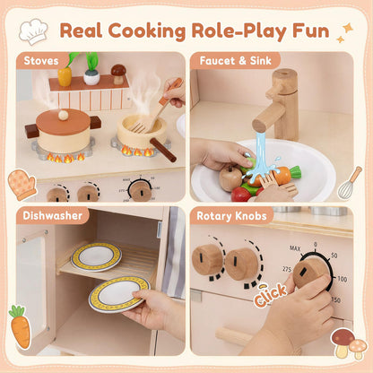 Kids Play Kitchen, Wooden Toy Kitchen with Stoves