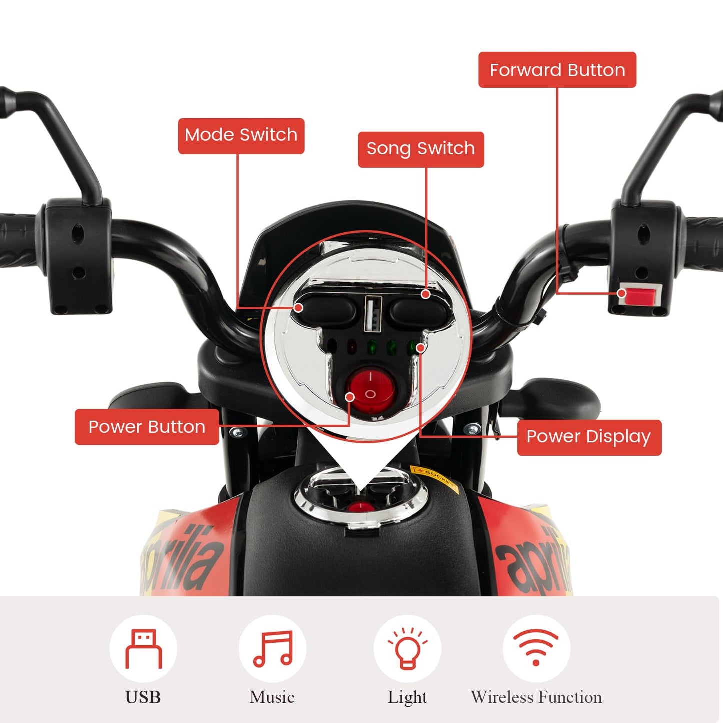 12V Battery Powered Toddler Motorbike with Music for 3-8 Years Old Kids