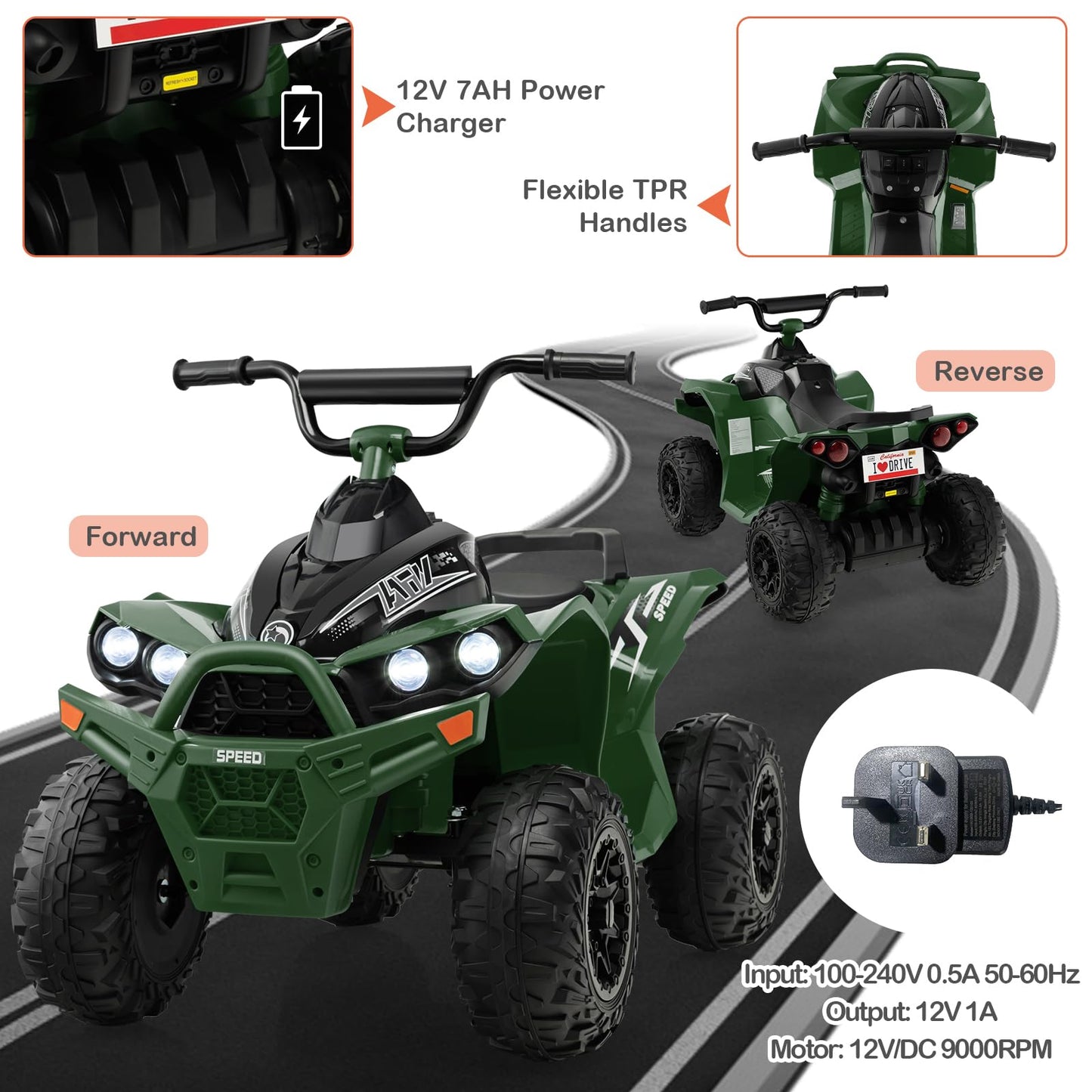 12V Kids Ride On ATV with 2 Speeds and LED Lights