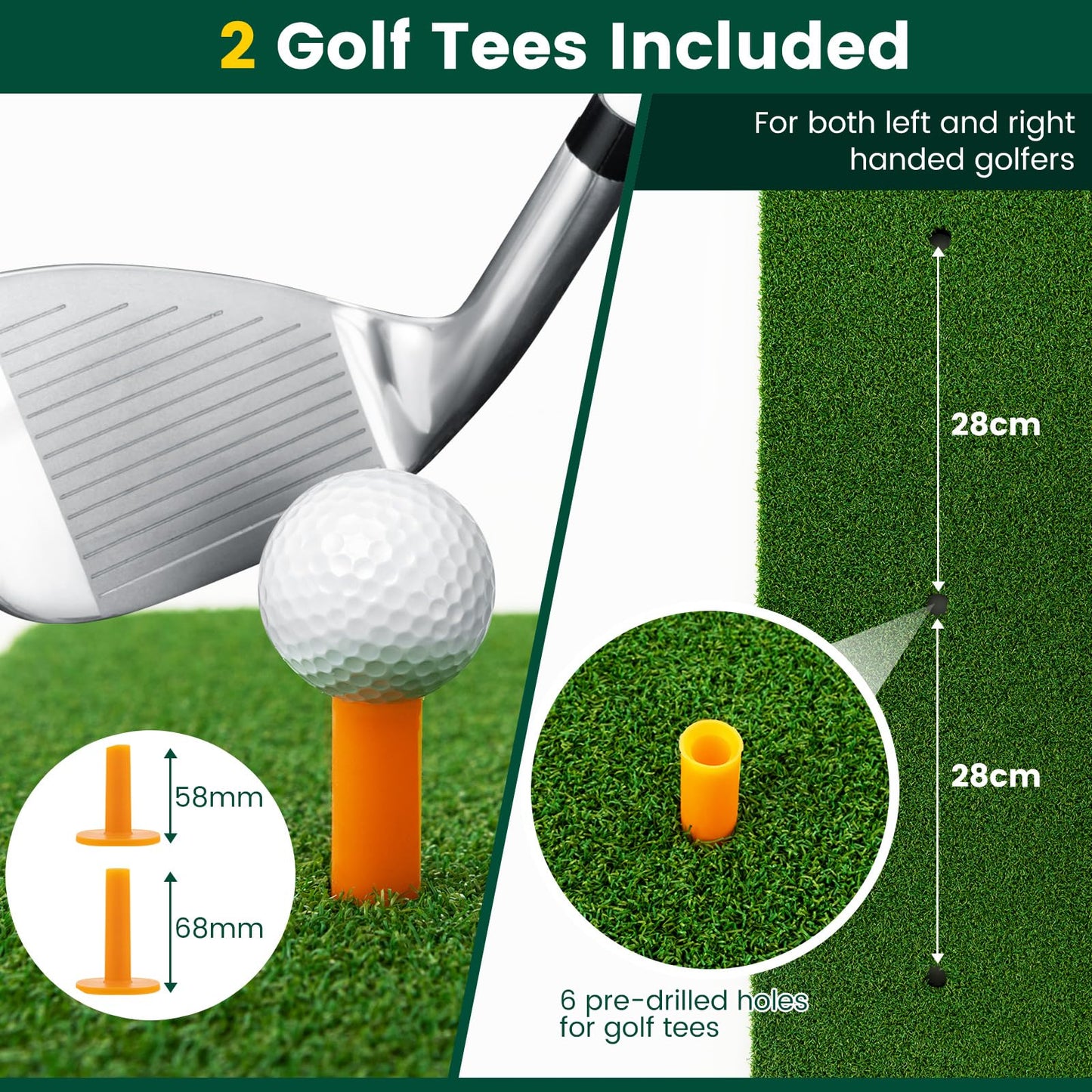 Golf Hitting Mat with 2 Rubber Tees and 2 Alignment Sticks