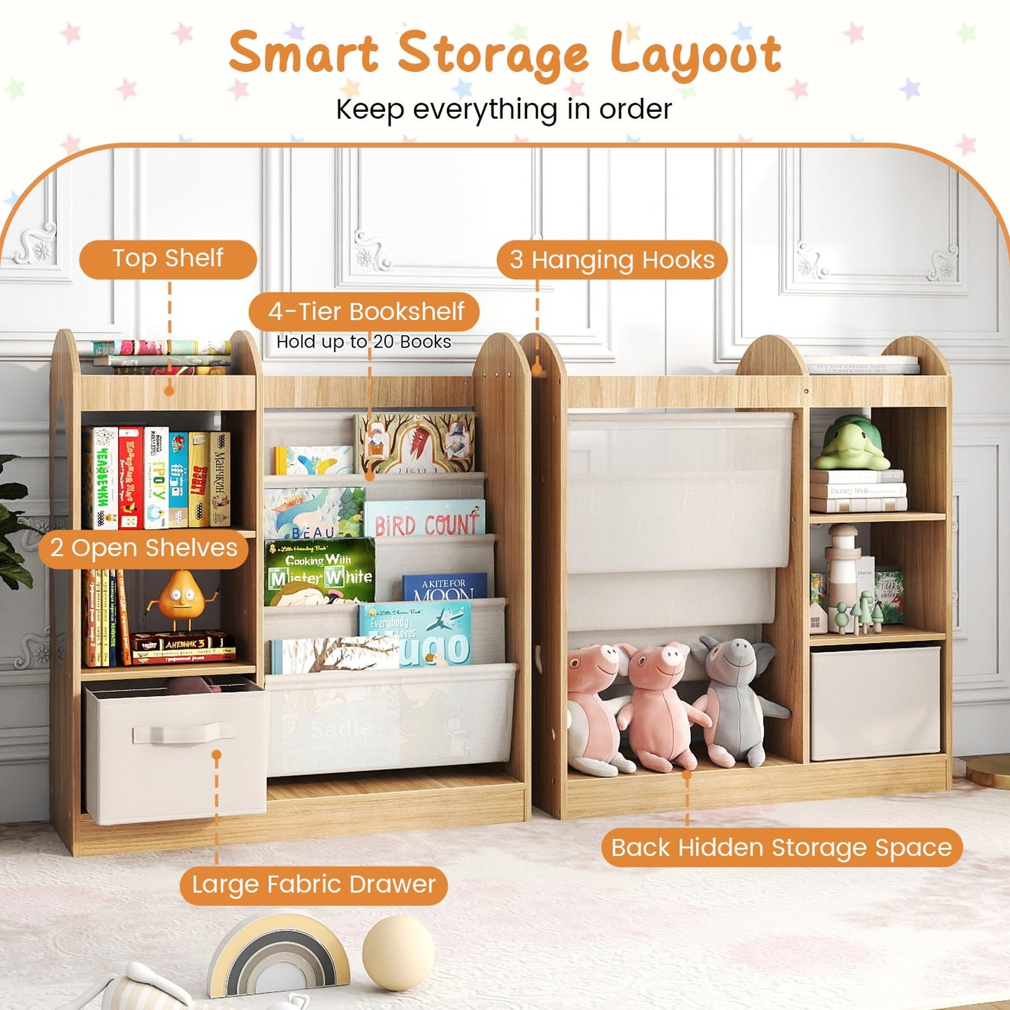 Kids Bookshelf, Toy Storage Organizer with Full-Length Mirror