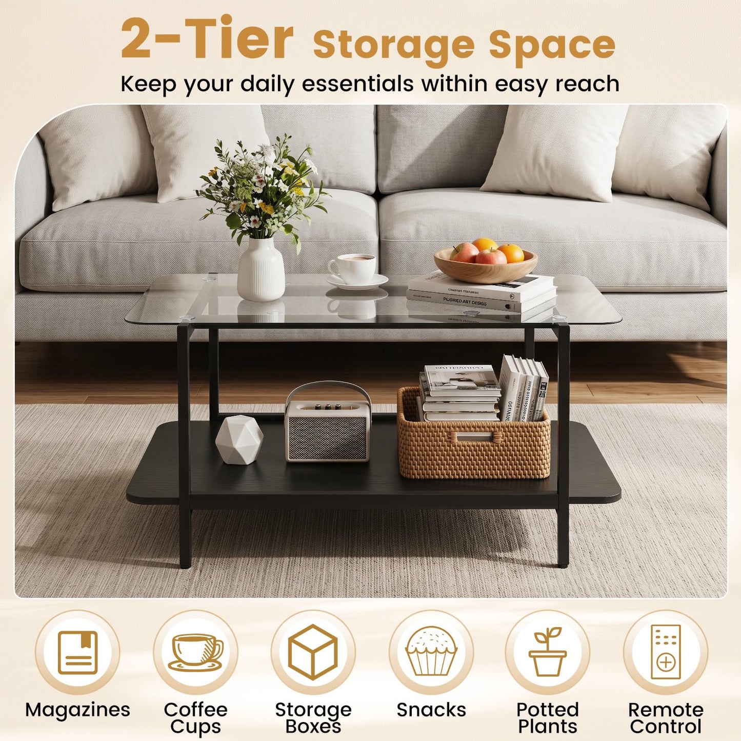 2-Tier Coffee Table, Tempered Glass Center Table with Storage Shelf