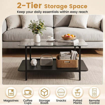2-Tier Coffee Table, Tempered Glass Center Table with Storage Shelf