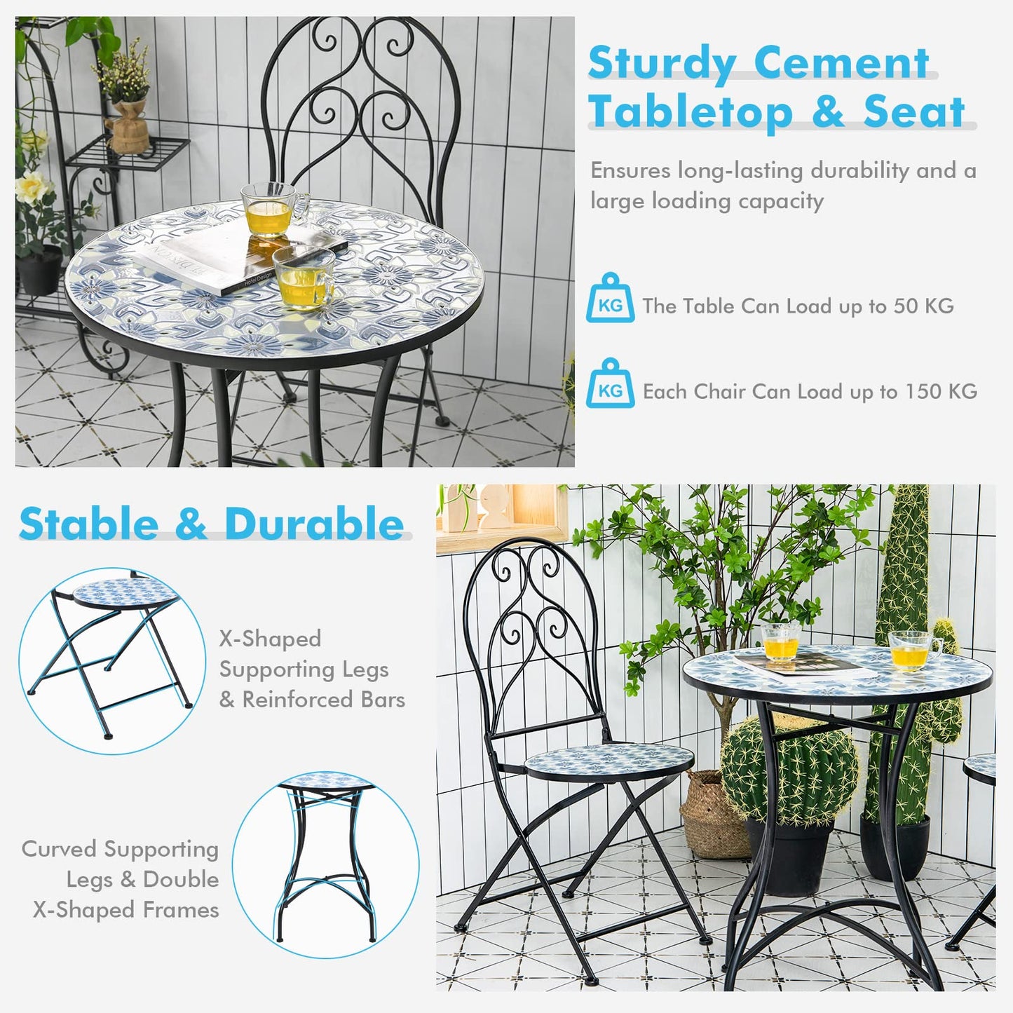Mosaic Metal Dining Set Garden Table with 2 Folding Chairs