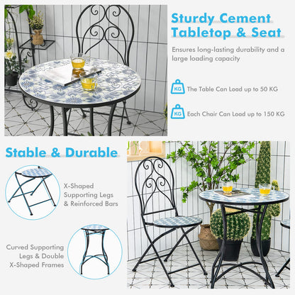Mosaic Metal Dining Set Garden Table with 2 Folding Chairs