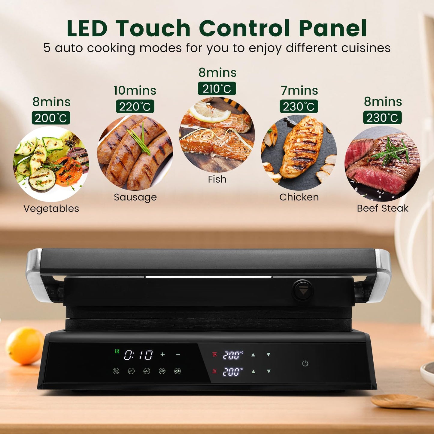 3 in 1 Indoor Grill with 180-degree Opening Design and 5 Auto Cooking Modes