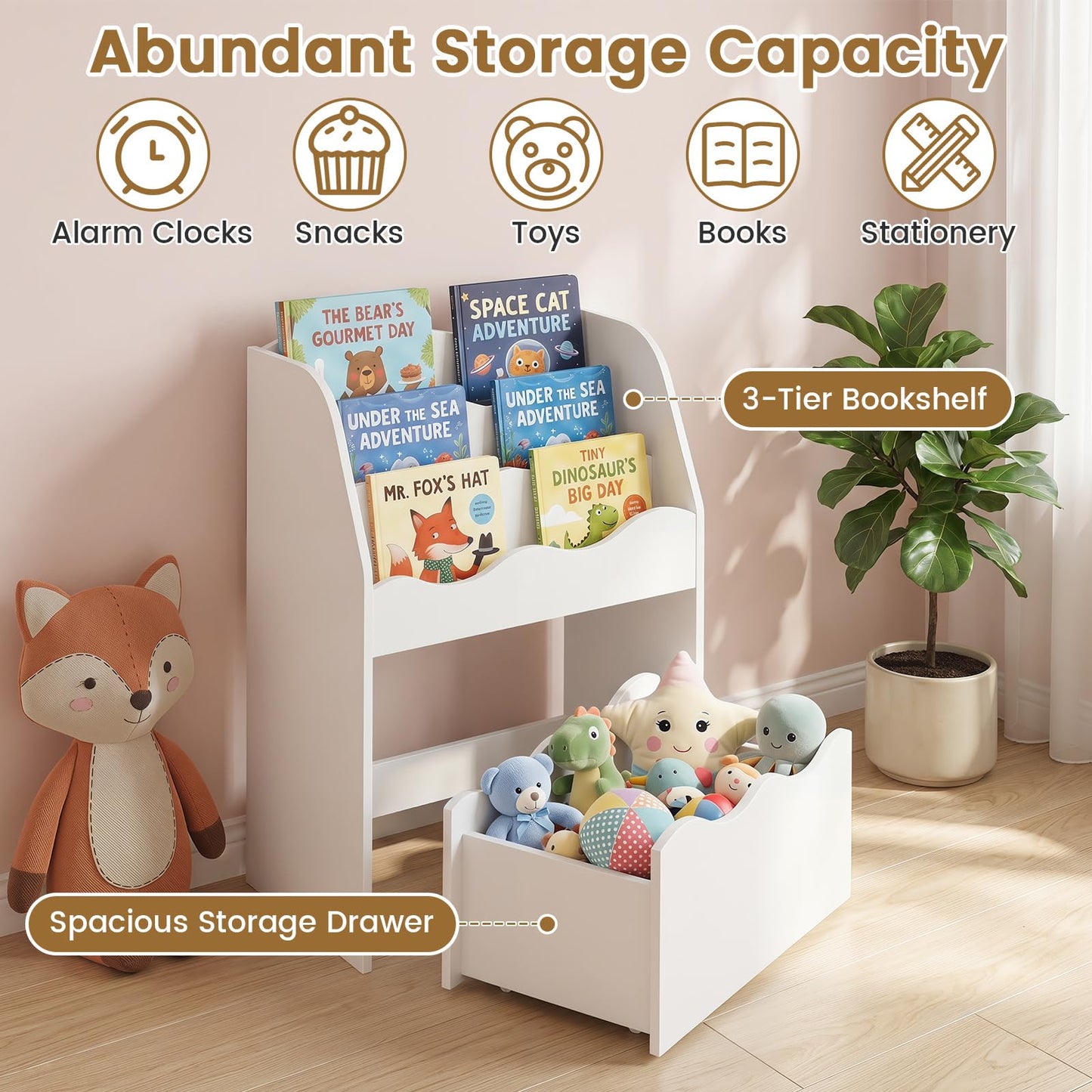 Toy Storage Organizer, 3-Tier Kids Bookcase with Rolling Drawer