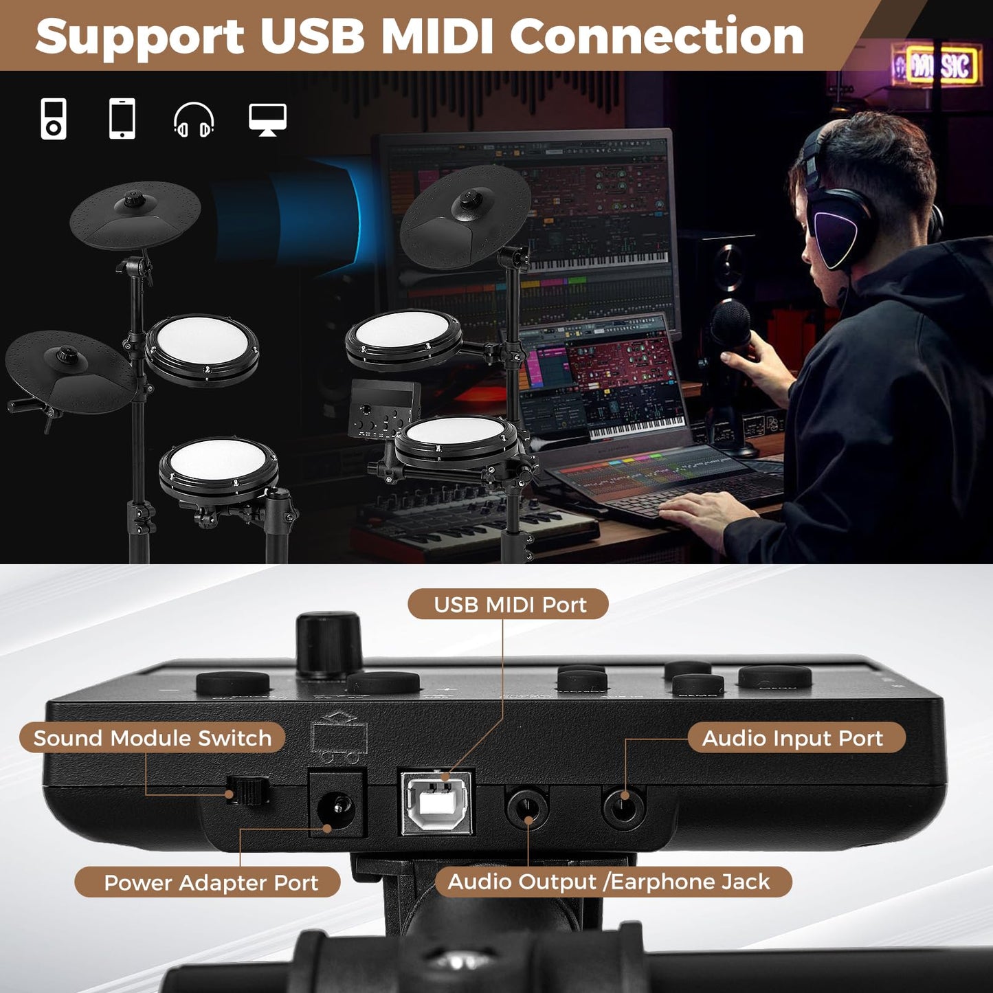 Electric Drum Set Foldable Drum Kit with 18 CM Mesh Drum Pads