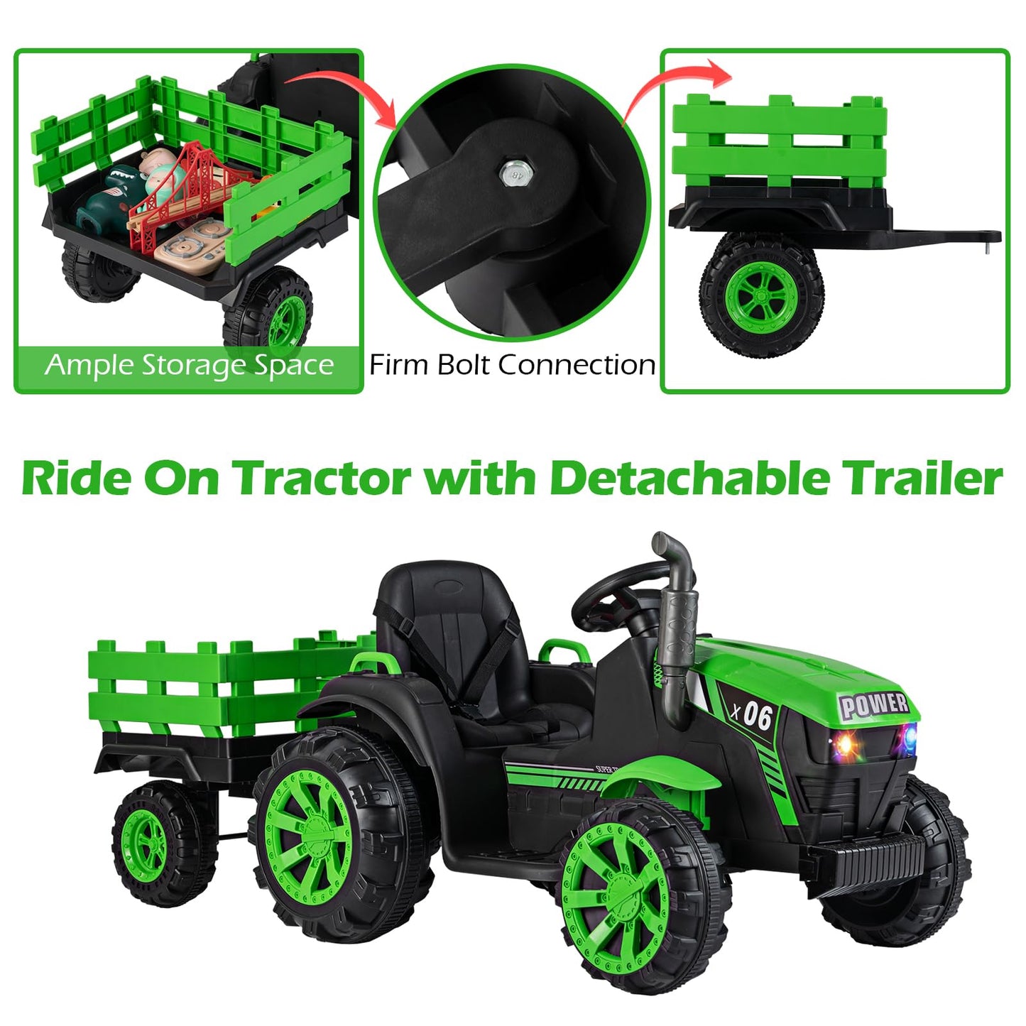 24V Ride On Tractor with RGB LED Headlights and Parent Remote Control