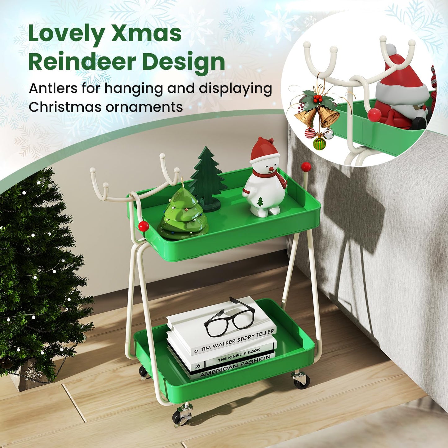Reindeer Side Table 2-Tier Christmas Rolling Cart with Metal Frame and Wheels