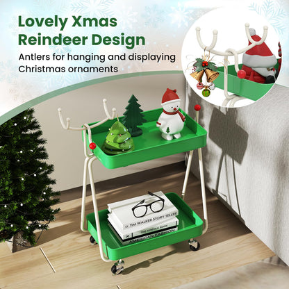 Reindeer Side Table 2-Tier Christmas Rolling Cart with Metal Frame and Wheels