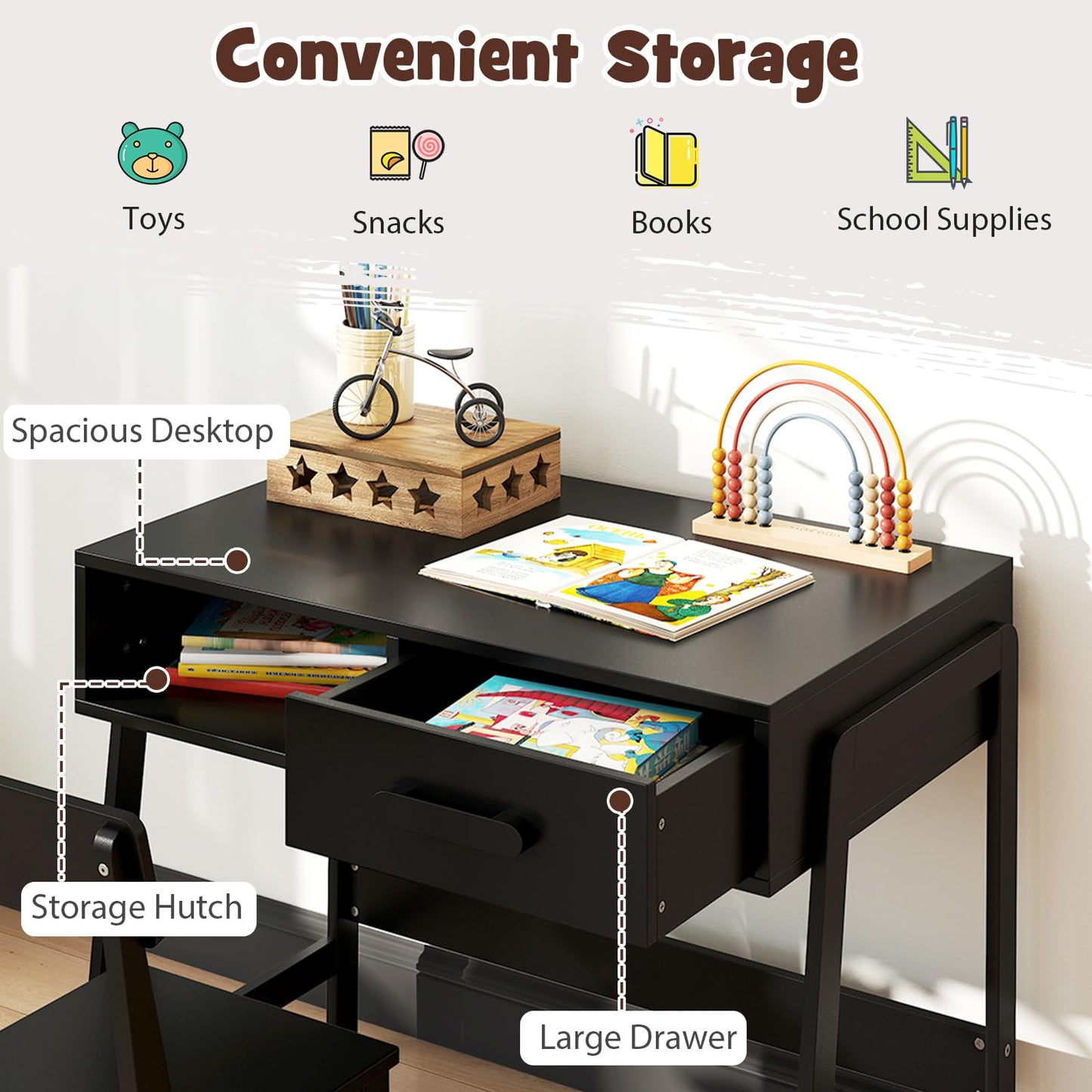 Kids Desk and Chair Set with Drawer and Pine Wood Legs