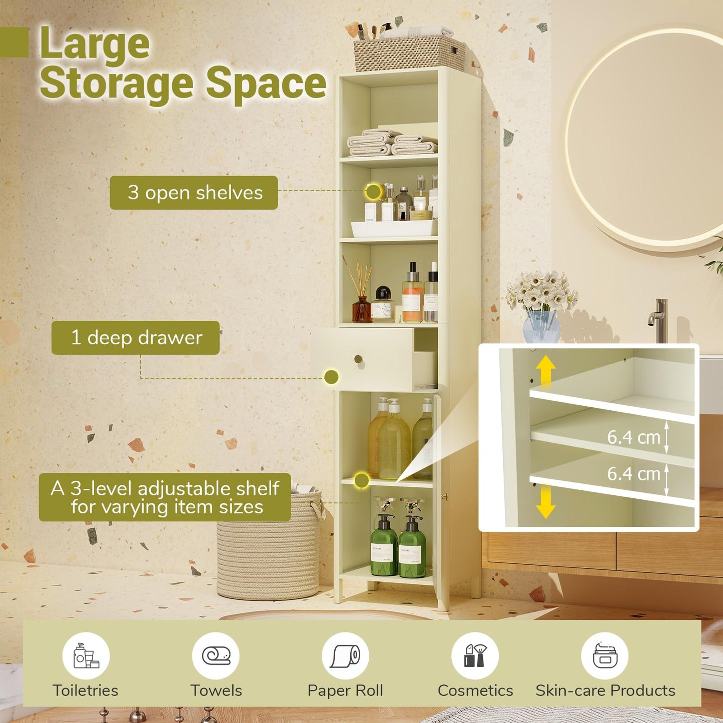 170cm Tall Bathroom Cabinet with Fluted Door and 1 Drawer 3 Open Shelves