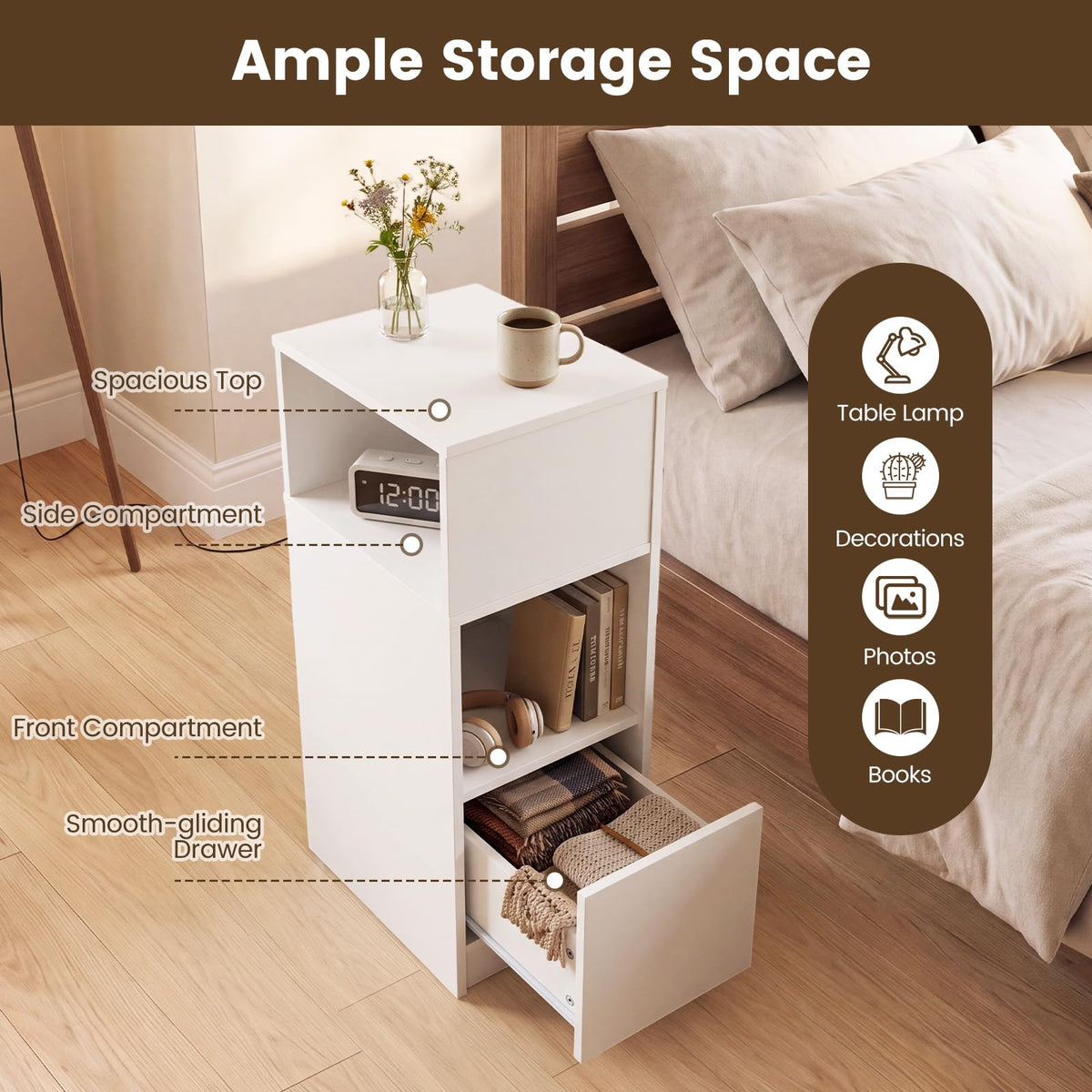 Slim Bedside Table with Drawer and 2 Storage Compartments