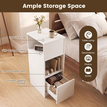 Slim Bedside Table with Drawer and 2 Storage Compartments