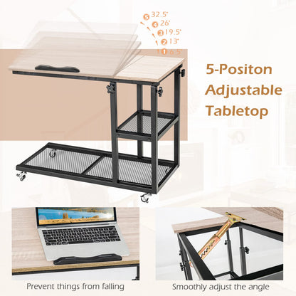 Height Adjustable Mobile Overbed Table with Wheels and Storage Shelves