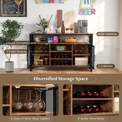 GiantexUK Kitchen Storage Cabinet, Wooden Buffet Sideboard with Wine Racks, Glass Holders, Metal Mesh Doors & Shelves