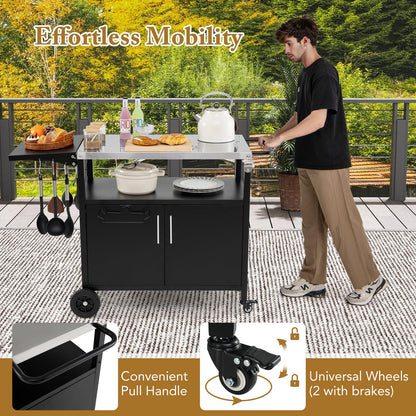 84cm Garden Serving Trolley with Folding Stainless Steel Top