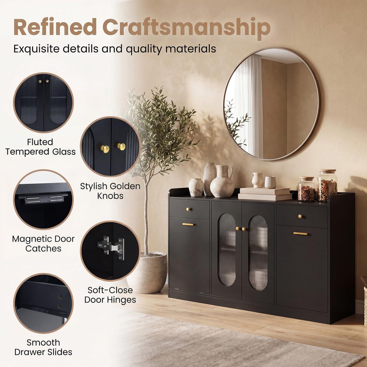 140cm Buffet Sideboard, Tilt Out Trash Can Cabinet with Glass Doors