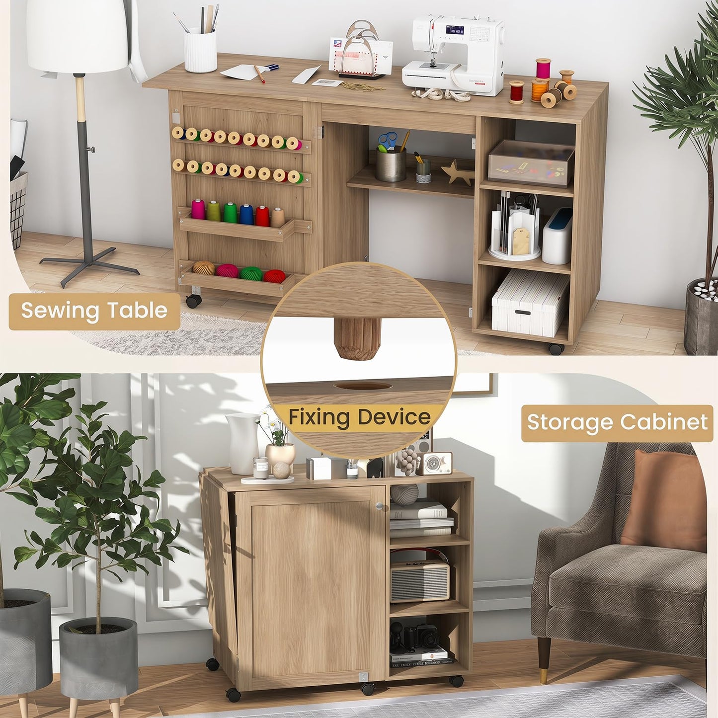 Folding Sewing Table, Rolling Craft Table Hobby Desk with Storage Shelves