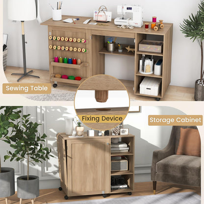 Folding Sewing Table, Rolling Craft Table Hobby Desk with Storage Shelves