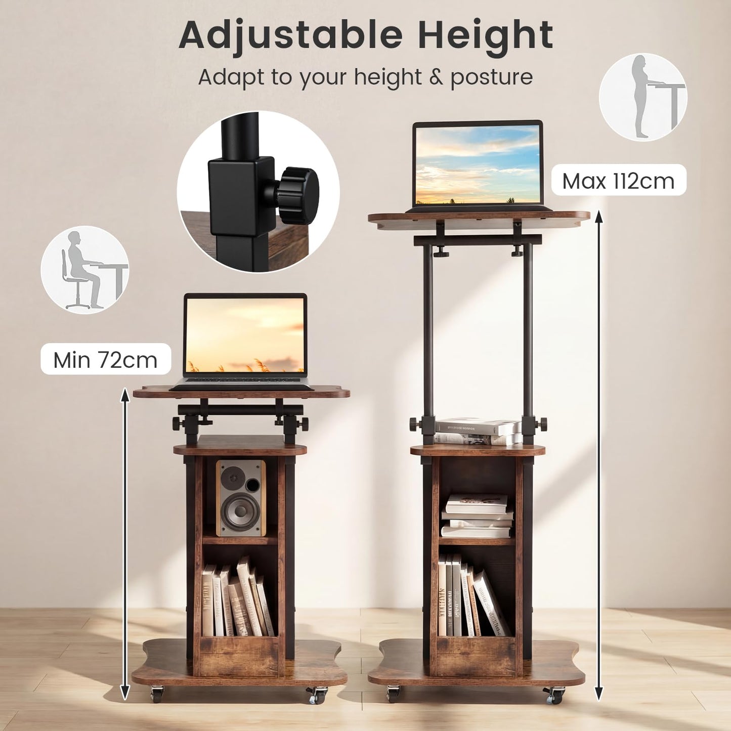 Mobile Laptop Table, Height Adjustable Sit Stand Desk Podium Stand Presentation Cart