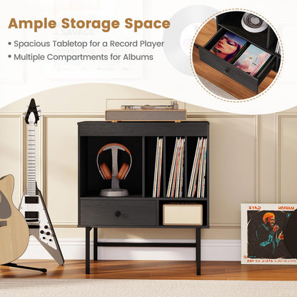 Large Record Player Stand with Open Compartments and Album Holders