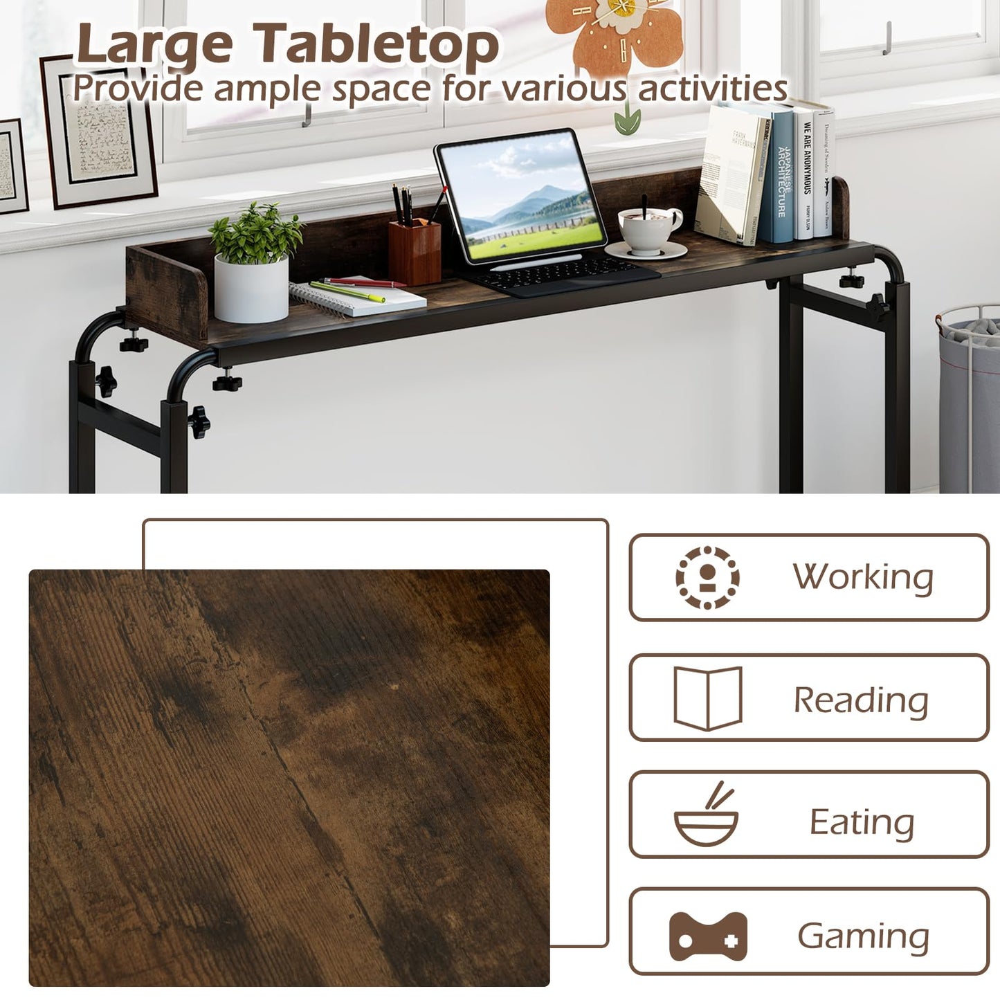 Overbed Table with Wheels, 136-206cm Mobile Over The Bed Table with Anti-Fall Barrier