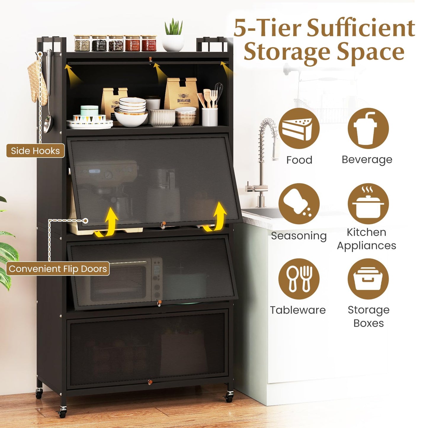 Kitchen Storage Cabinet, 5 Tier Tall Pantry Cupboard with Flip-Up Doors