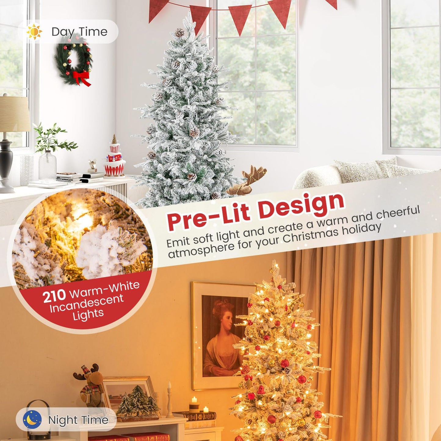 180 cm Artificial Xmas Tree with Flocked Branch Tips Natural Pine Cones Warm White Lights