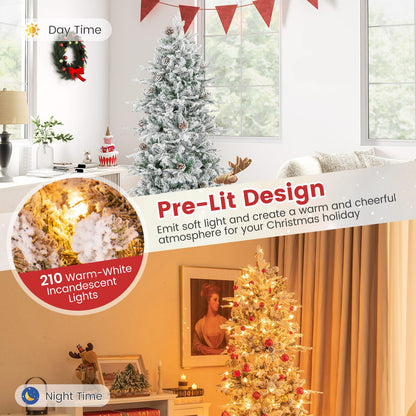 180 cm Artificial Xmas Tree with Flocked Branch Tips Natural Pine Cones Warm White Lights