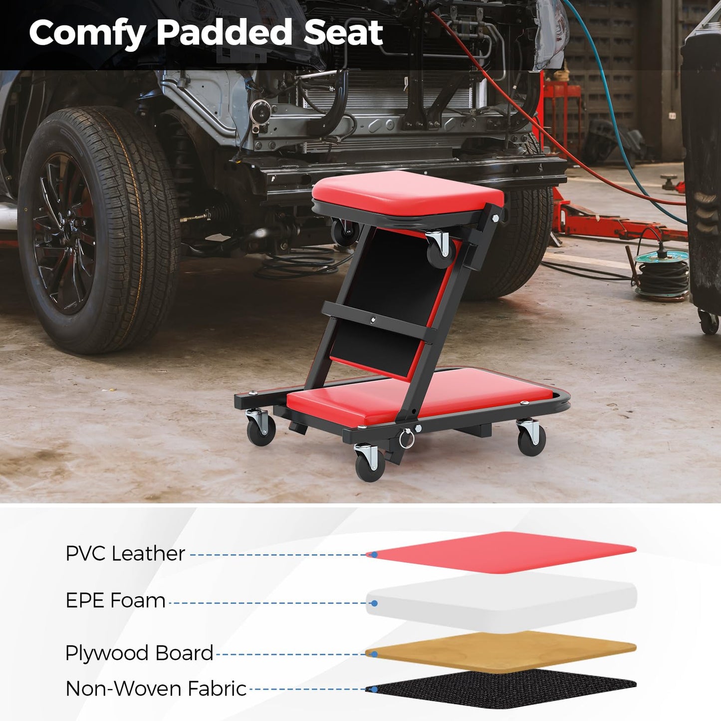 2-in-1 Folding Profile Mechanic Creeper with Padded Seat and 6 Wheels