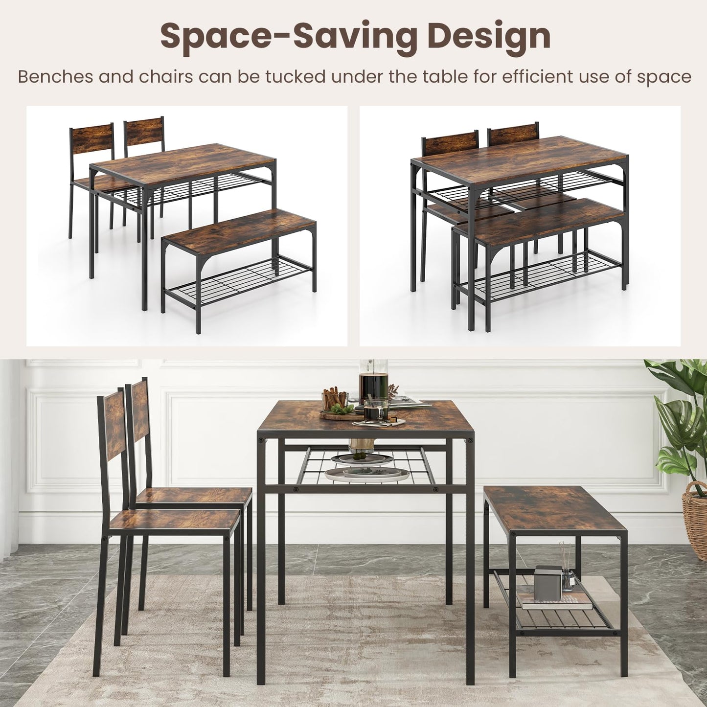 Dining Table Set for 4 with Storage Racks and Metal Frame