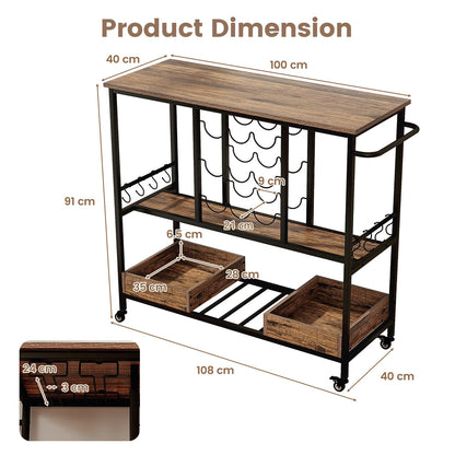3 Tiers Bar Cart on Wheels with Glass Racks