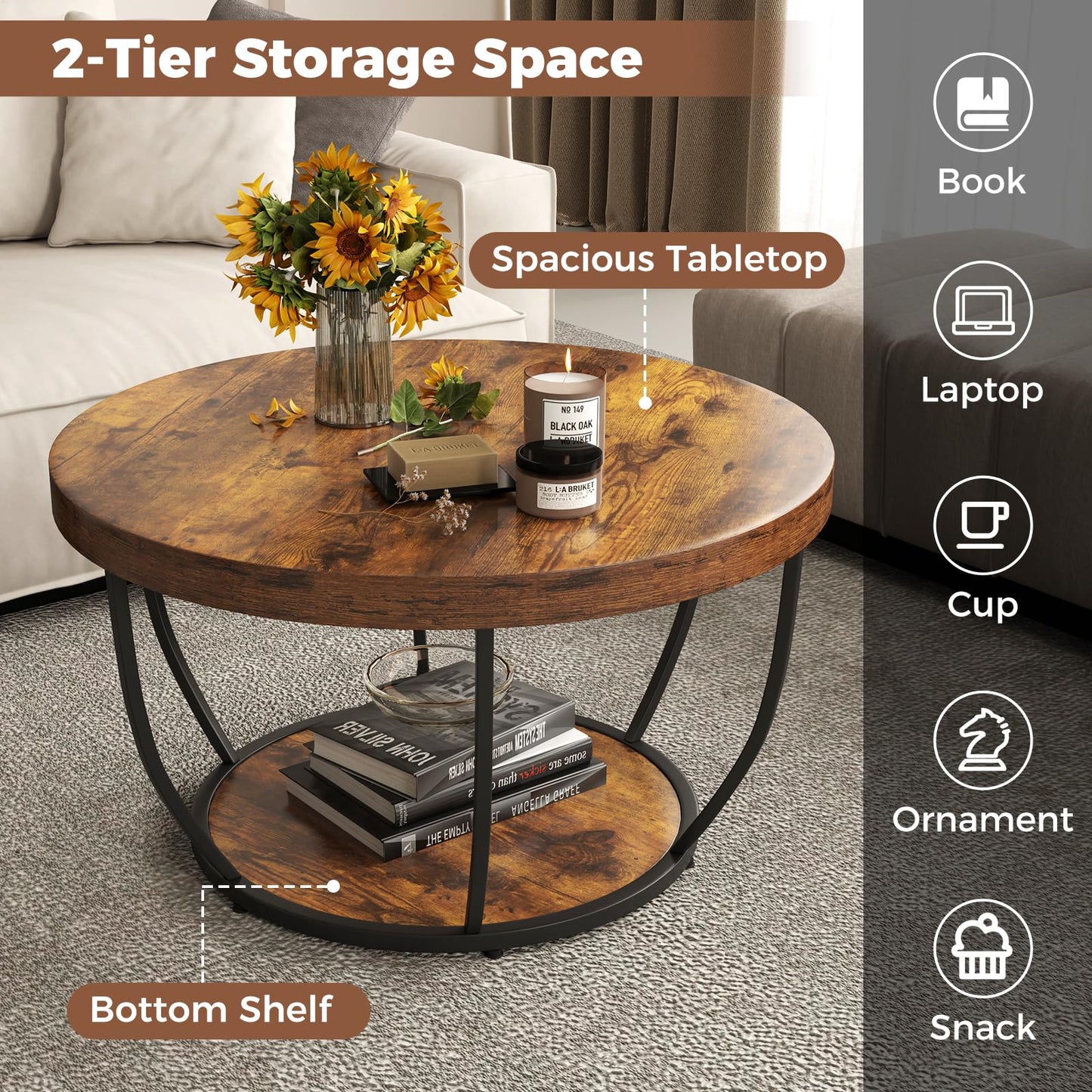 2-Tier Metal Frame Industrial Accent Cocktail Center Unit Sofa Side Tea Table