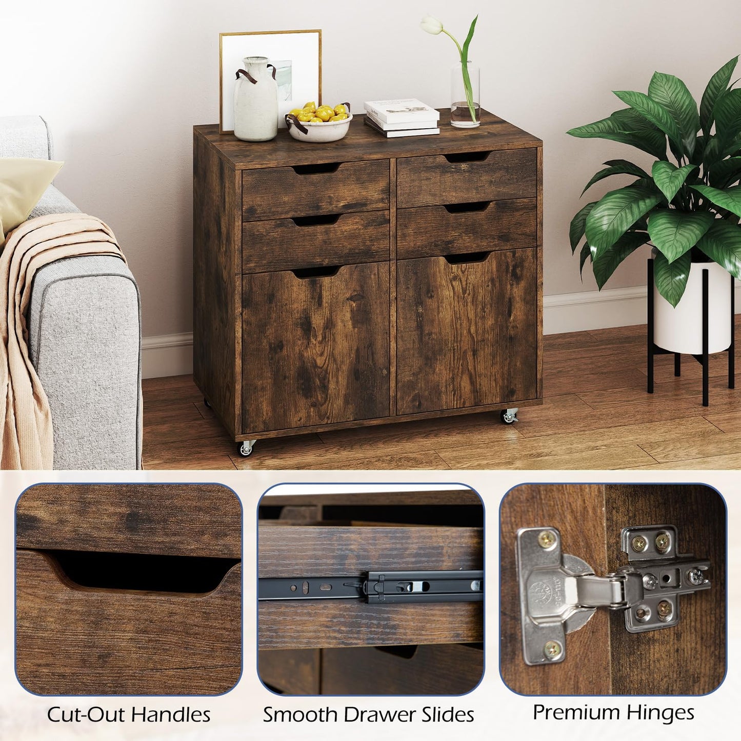 4 Drawer Dresser Chest with Doors and Universal Wheels