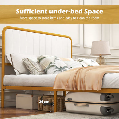 Upholstered Full Size Bed Frame, Double Metal Platform Bed with Velvet Headboard