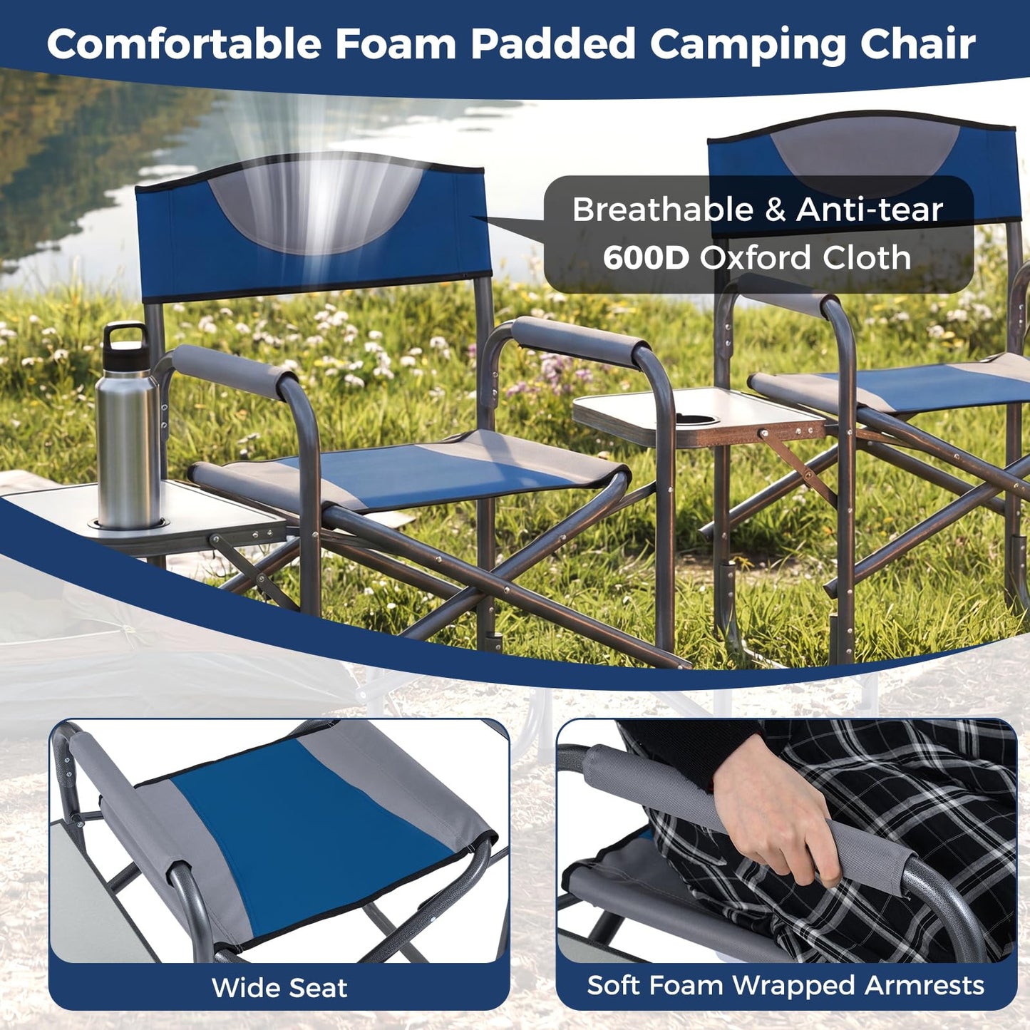 Folding Directors Chair, Oversized Camping Chairs with Side Table and Cup Holder