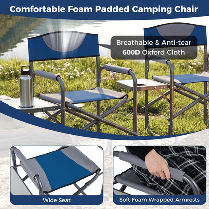 Folding Directors Chair, Oversized Camping Chairs with Side Table and Cup Holder