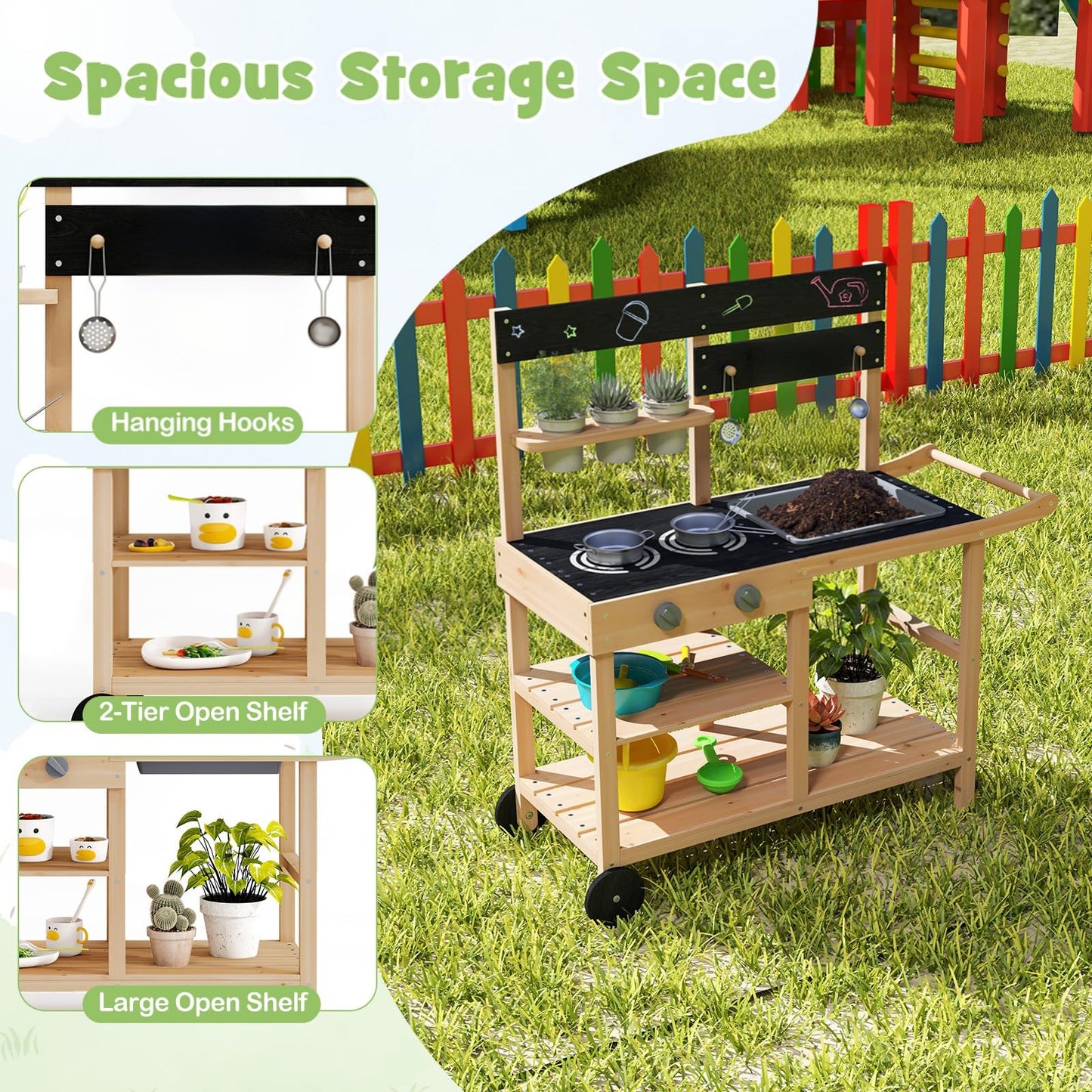 Mud Fir Wood Play Kitchen Kitchen with Wheels and Blackboard