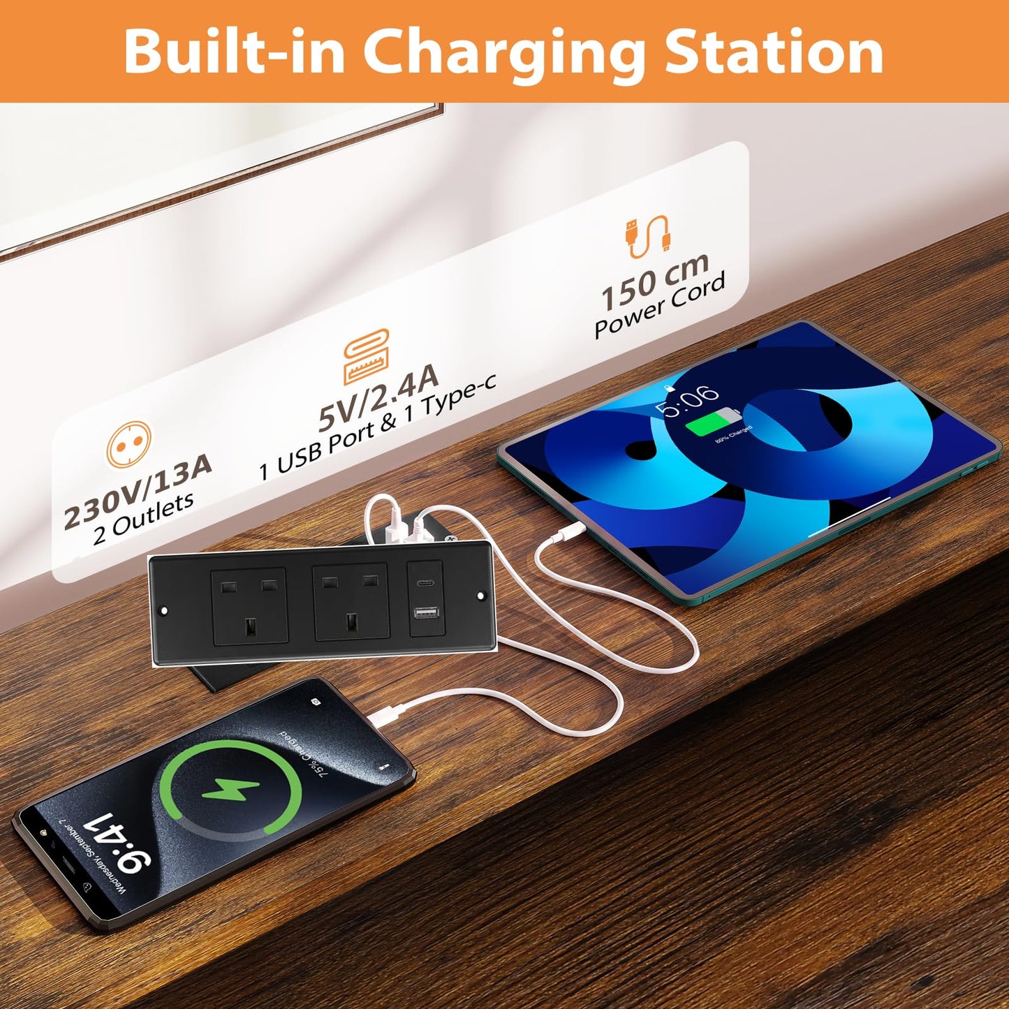 166CM Computer Desk with Charging Station, for Home Office, Study