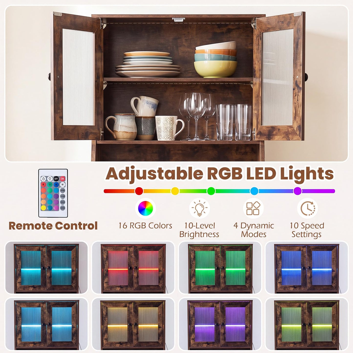 Kitchen Pantry Cabinet with Adjustable LED Lights, 4 Drawers