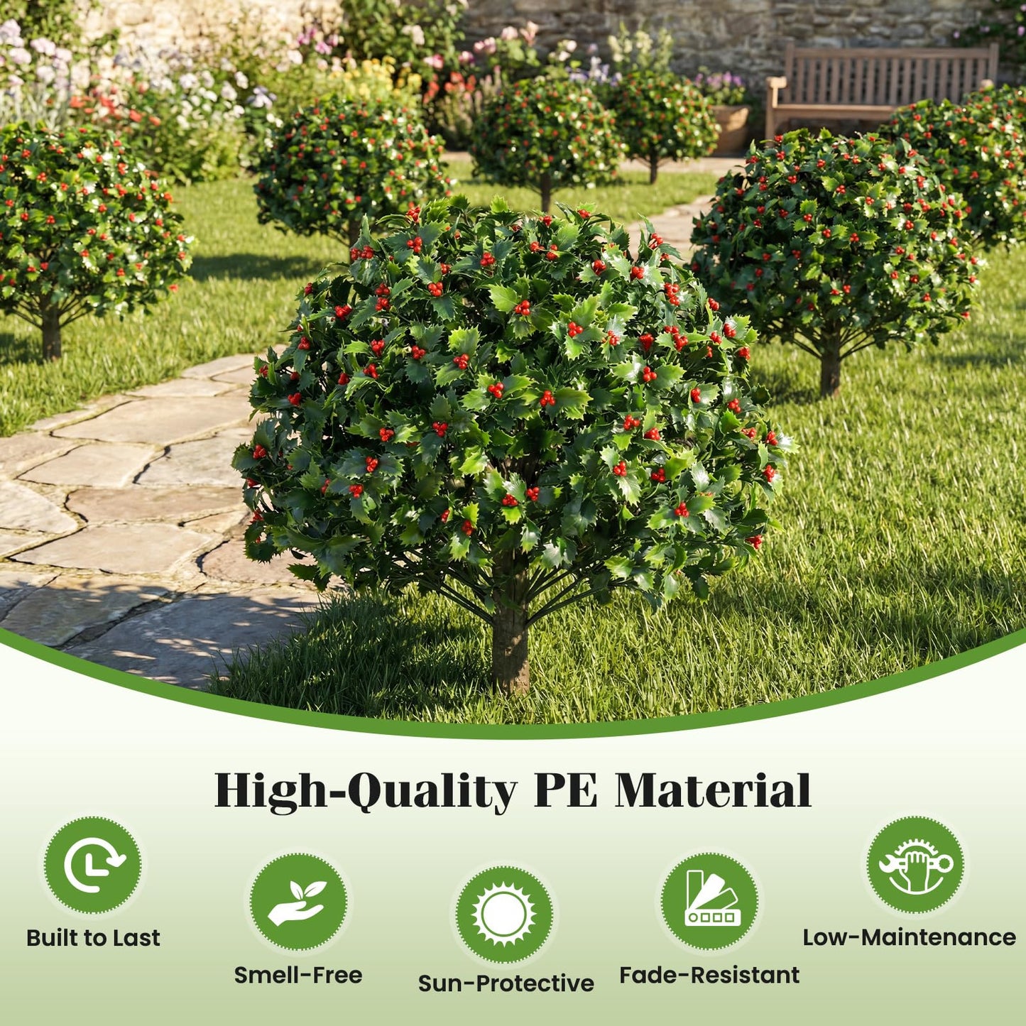 Set of 2 Faux Shrub Bushes with Ground Spikes （Red Berry）