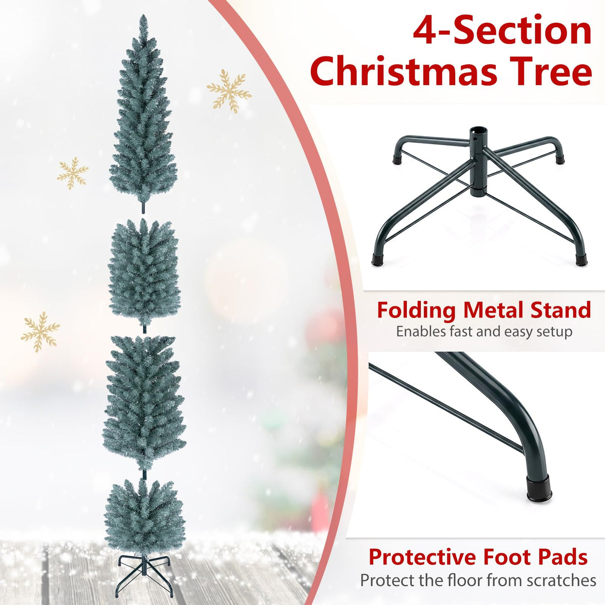 5FT/6FT/7FT Green Pencil Slim Christmas Tree, Traditional Artificial Pine Xmas Tree