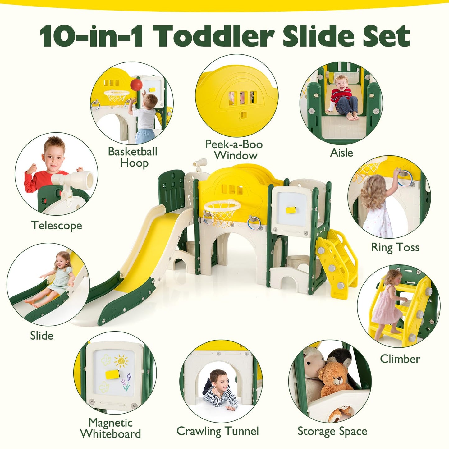 10 in 1 Toddler Slide Set with Magnetic Whiteboard and Telescope